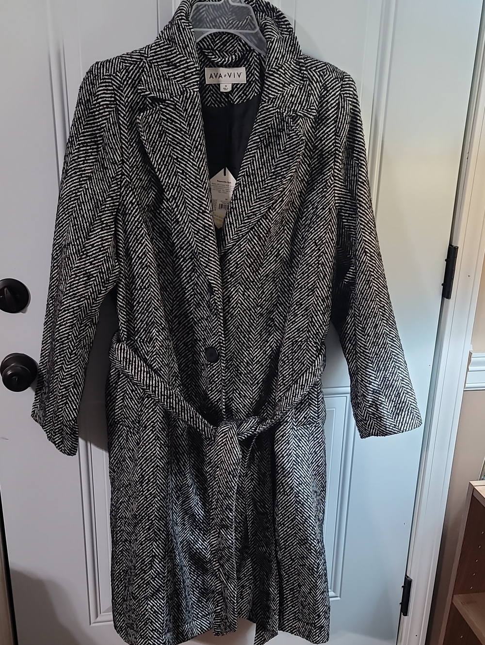 Ava & Viv Black and White Herringbone Belted Trench Coat
